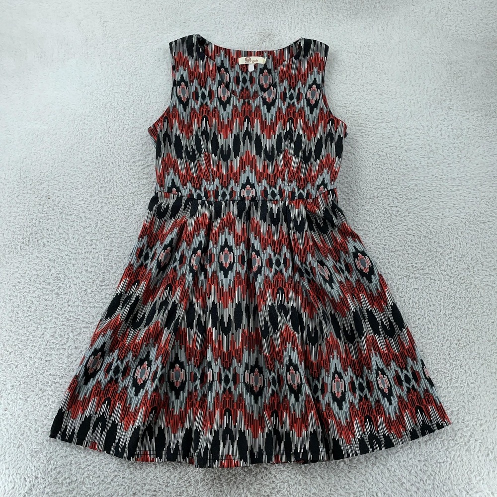 Aryeh Dress Womens Large Black Red Gray Ikat Sleeveless Fit & Flare Stretch